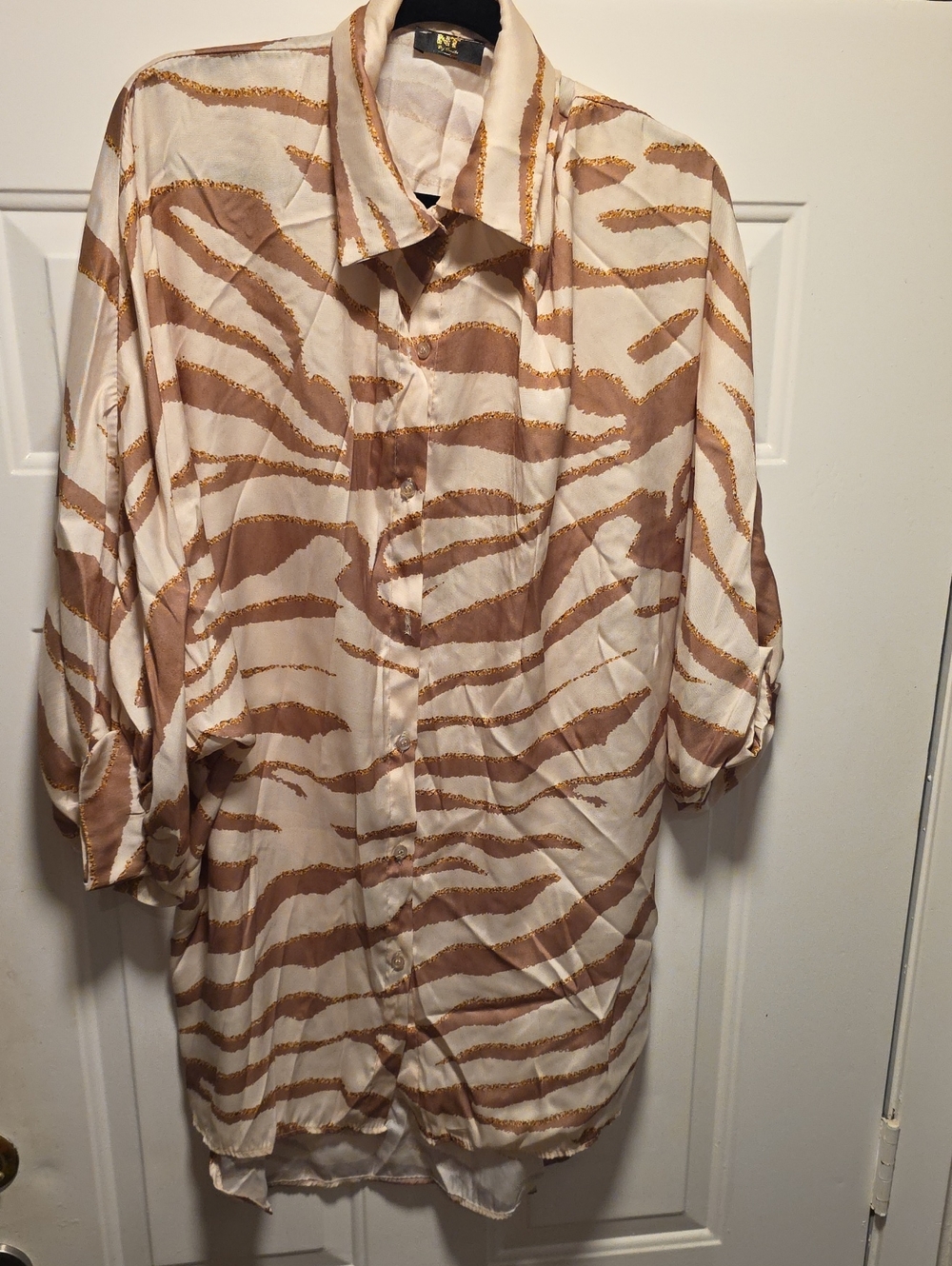 Silky Beige & Brown Tiger-Stripe Women's Button-Up Shirt